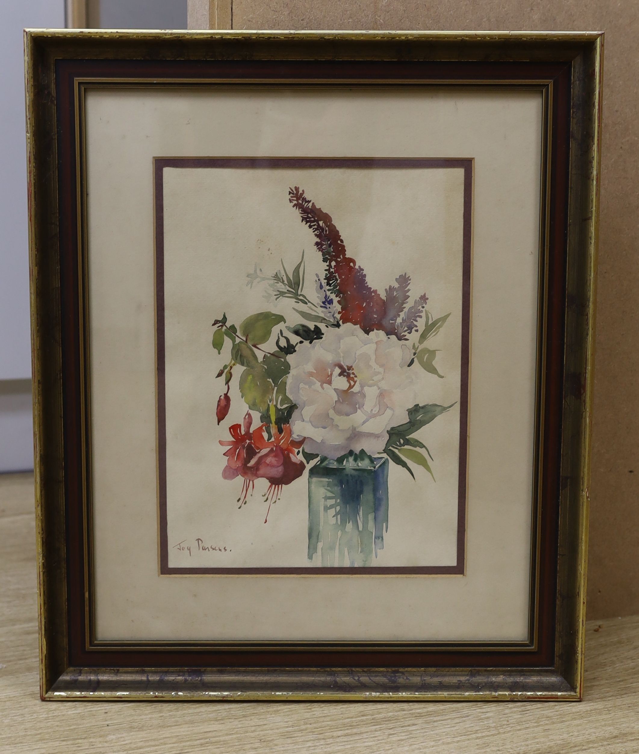 Joy Parsons, watercolour, Still life of flowers in a glass vase, signed, 34 x 25cm